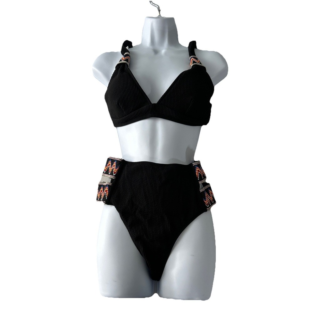 Live Life On The Beach Bikini Swimsuit 2pc Black Ribbed High Waist Womens M